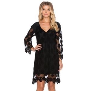 Gypsy 05 Global Village Black Lace Silk 3/4 Sleeve Shift Dress, S